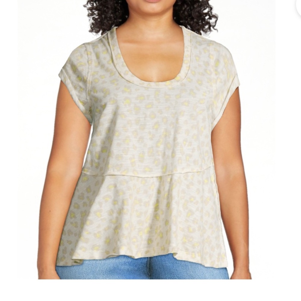 NWT Kelly Renee Leopard Print Peplum Top Large Raw Edge Scoop Neck Babydoll Tee